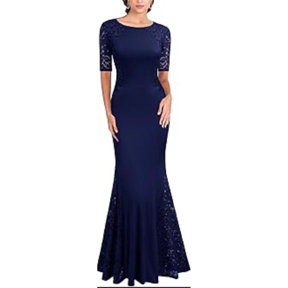 Navy Lace-Panel Maxi Dress with Elbow Sleeves